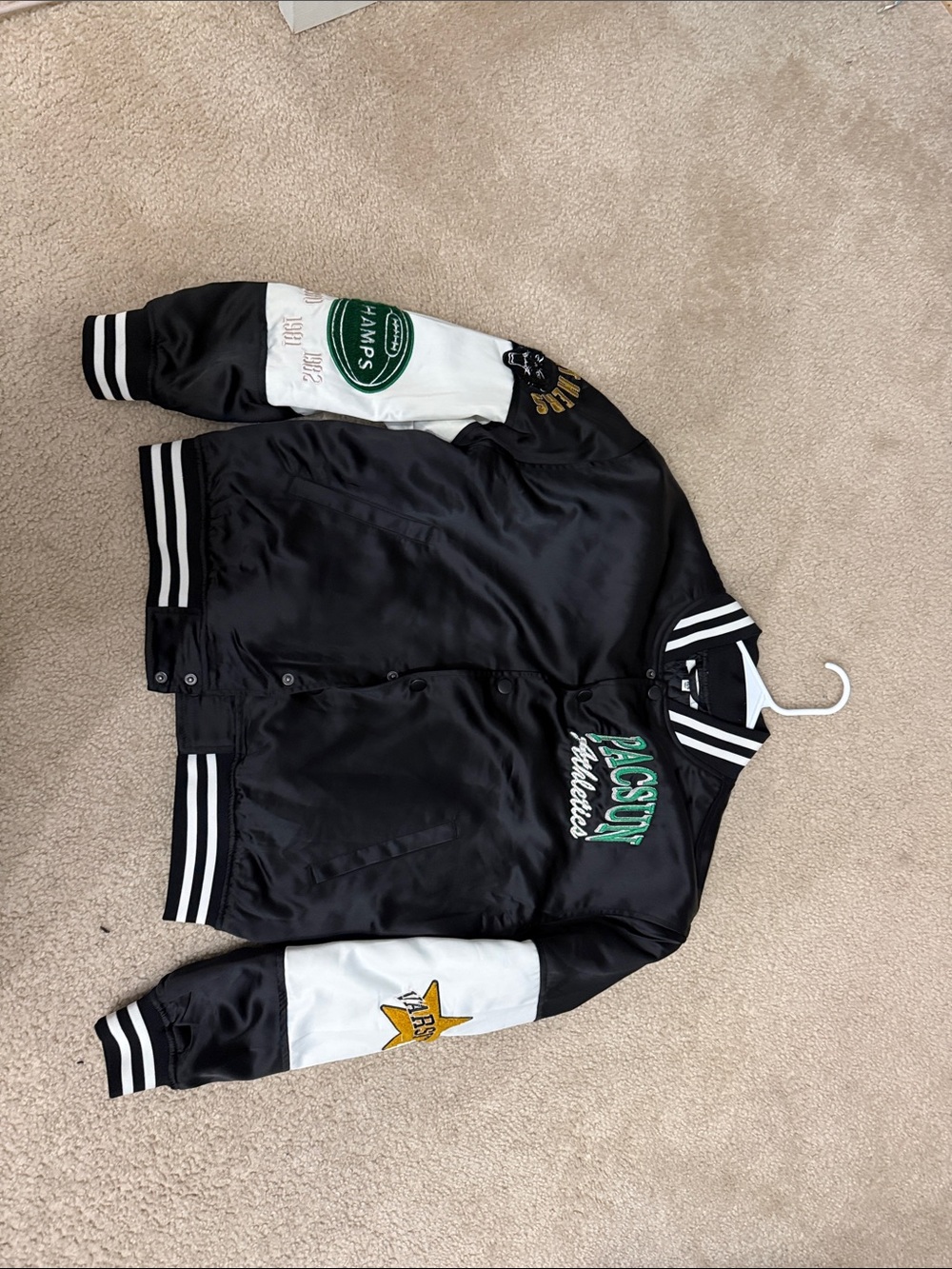 PacSun Black and White Striped Collar Satin Bomber Jacket, Oversized